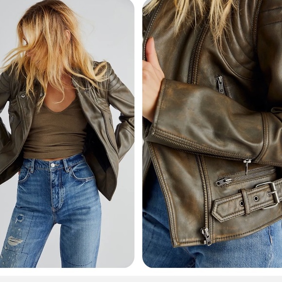 We The Free Jackets & Blazers - FREE PEOPLE Fenix olive brown washed lambskin leather zip biker jacket (size S)